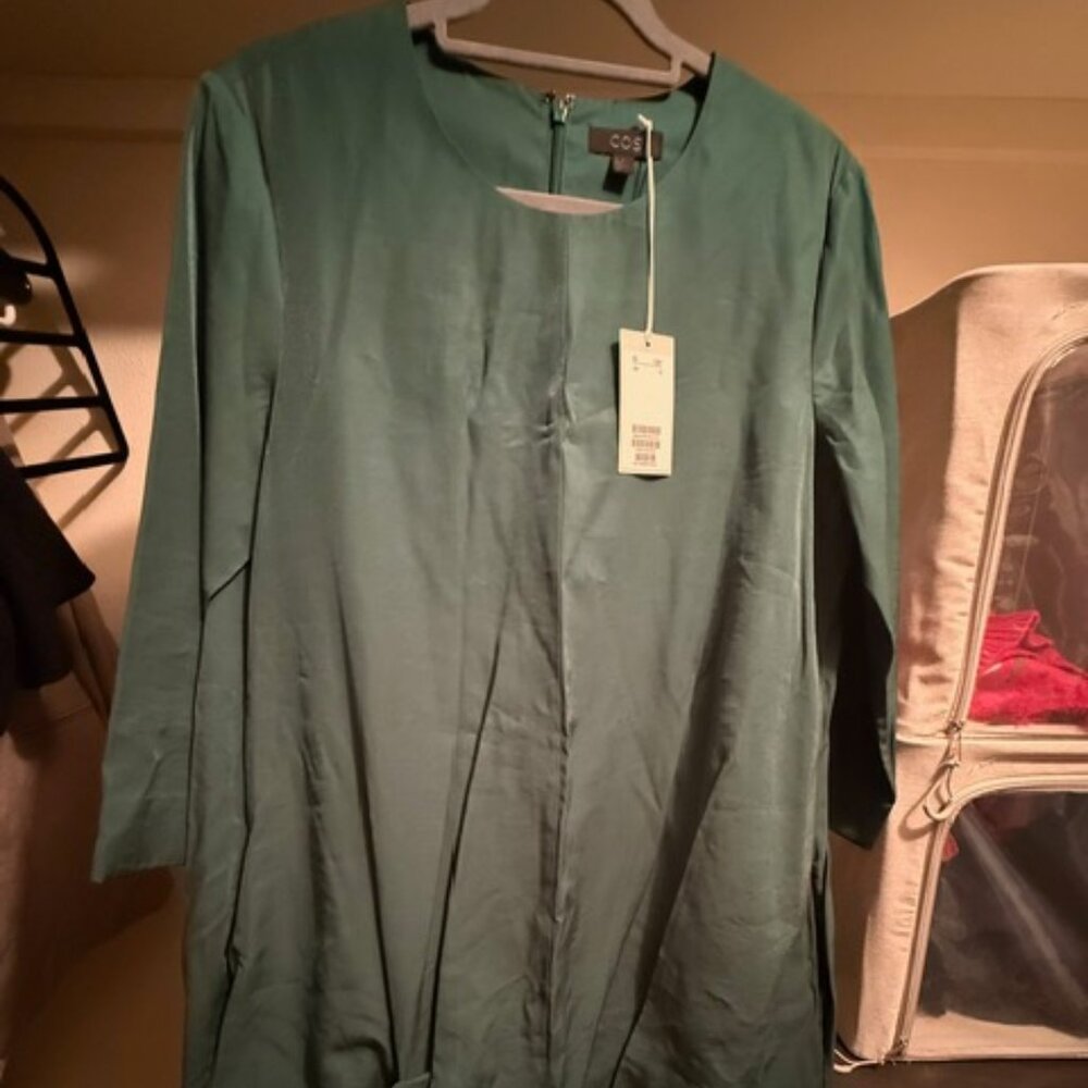 COS Long-Sleeved Gathered-Hem Dress - Emerald Green - Size 12 - Picture 6 of 14